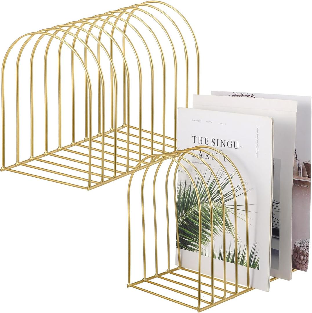 Kosiz 2 Sets Wire File Organizer for Desk 9 Slots Metal File Holder Magazine Folder Mail Desktop Sorter Countertop Folder Stand Racks for Binder Storage School Office Home Photography Prop(Gold)