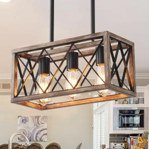 Farmhouse Light Fixtures,3-Light Dining Room Light Fixture,Industrial Metal Kitchen Pendant Lighting Over Island, Chandelier for Dining Table Kitchen Sink, Wood Grain Finish.