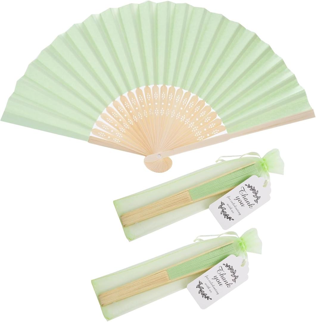 50pcs Paper Hand Fan Bamboo Handheld Folding Fans with Organza Bags and Thank You Tags Home Decorative Wedding Party Favors (Light green)