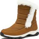 Lands' End Expedition Slip On Insulated Waterproof Winter Boots for Women, Puffer Fur Trimmed Hook & Loop Womens Boots - Tan, 6.5 Medium