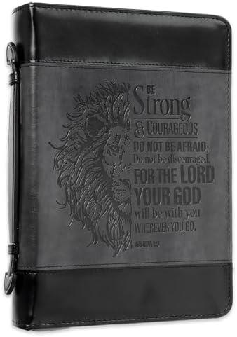 Christian Art Gifts Classic Faux Leather Bible Cover for Men and Women: Be Strong and Courageous - Joshua 1:9 Inspirational Bible Verse with Lion, Gray and Black, Large