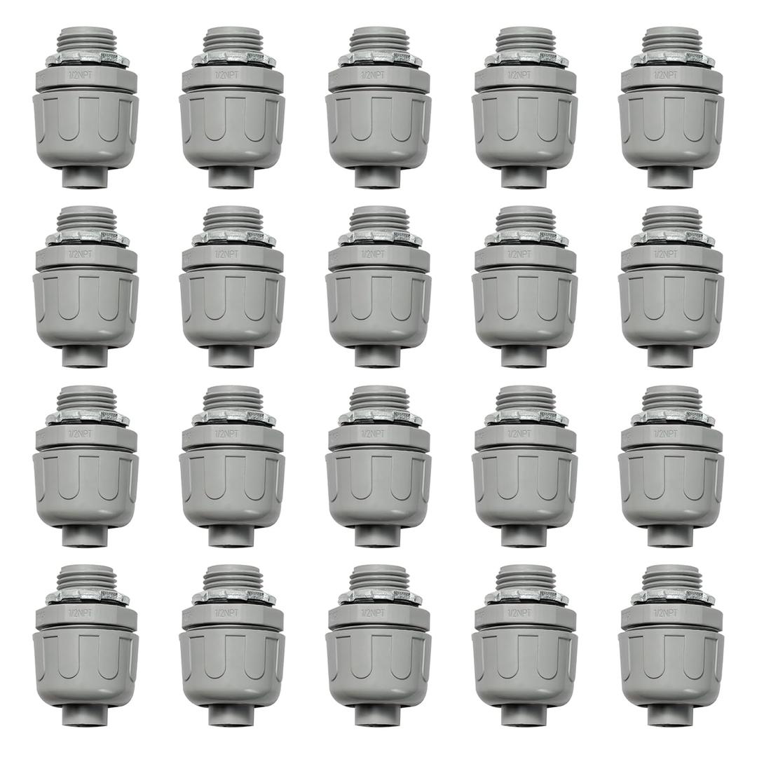 Conduit Connectors, 1/2 Inch Liquid Tight Connector NPT Non-Metallic for PVC Electrical Flexible Conduit Fittings, 180 Degree Straight, UL Listed for Home Outdoor Tubes Tools, Grey (20-Pack)