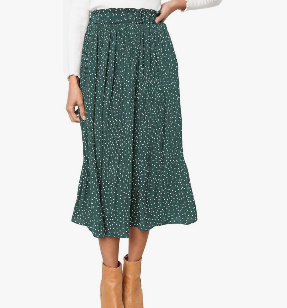 EXLURA Womens High Waist Polka Dot Pleated Maxi Long Skirt Floral Midi Swing Skirt Boho Beach Vacation Outfits with Pockets, L