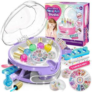 Kids Nail Polish Set for Girls, All-in-One Nail Art Kit for Kids with Nail Dryer & DIY Decorations, Peelable Nail Polish/Stickers/Gems/Nail File&Tools, Gifts for Girls Age 7-12 (Purple)