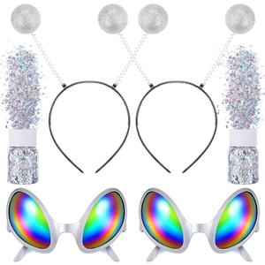 6 Pcs Halloween Alien Headbands Costume Martian Antenna Headbands Alien Rainbow Lens Sunglasses Sparkly Silver Glitters Cosplay Costume Accessory