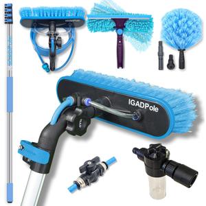23ft IGADPole Washing Kit: Water-fed Brush, Cobweb Duster and 10 Squeegee and Soap Dispenser, with 4-Stage Telescoping Pole 5-17ft Pole