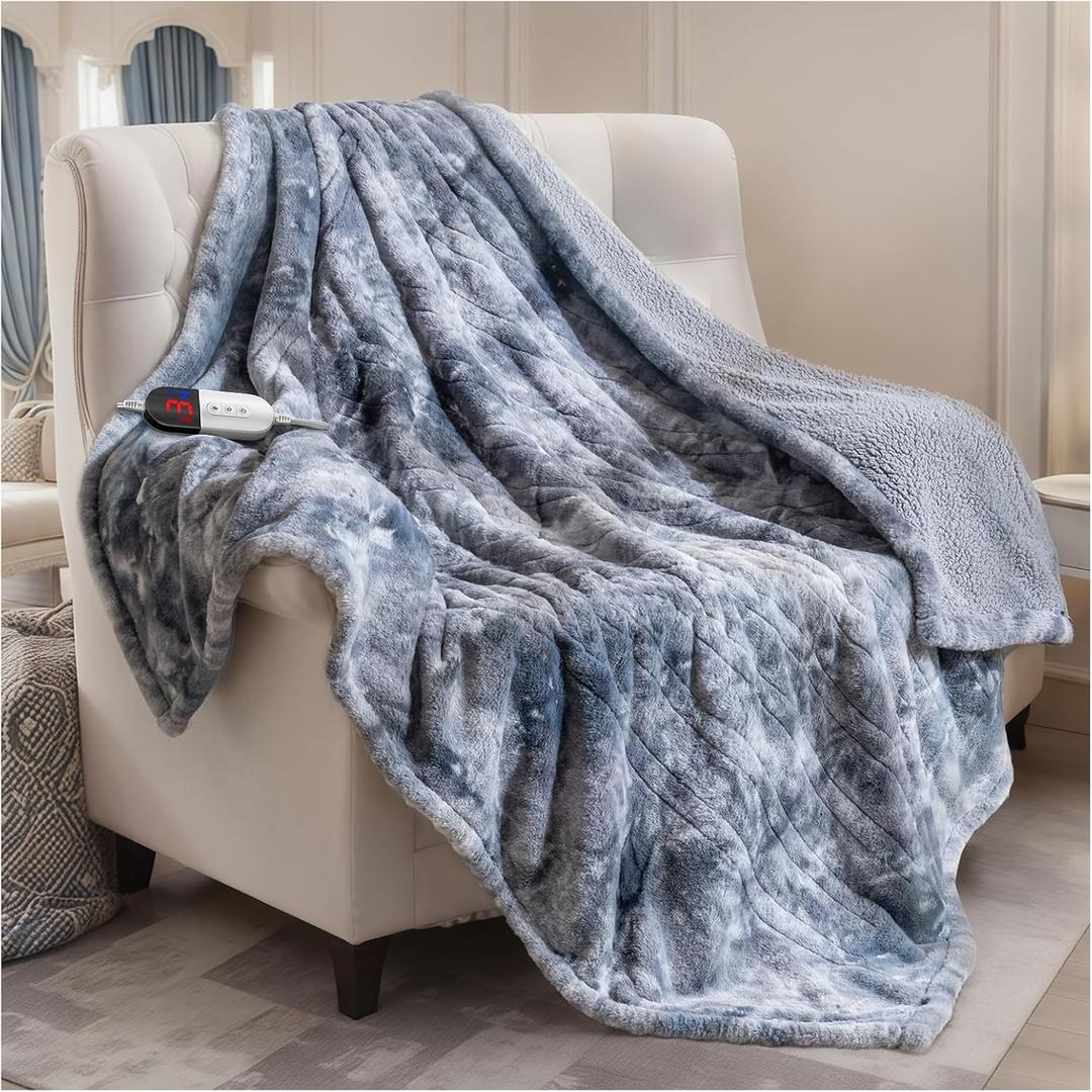 Heated Blanket Electric Throw, 50X60 Heating Throw with 6 Heating Levels & 4 Time Settings, Grey Plaid Washable Warm Soft Flannel Blanket Gift for Couch Bed Office, ETL Certified