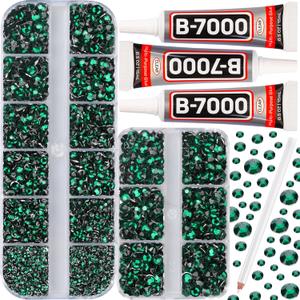 Adhesive Glue for 7500Pcs Green Rhinestones for Crafts Clothing Clothes, Dark Emerald Green Flatback Gems Diamonds for Fabric Football, Half Flat Back Crystals 2mm 3mm 4mm 5mm Mixed (Small Pack + 3pcs Glue)