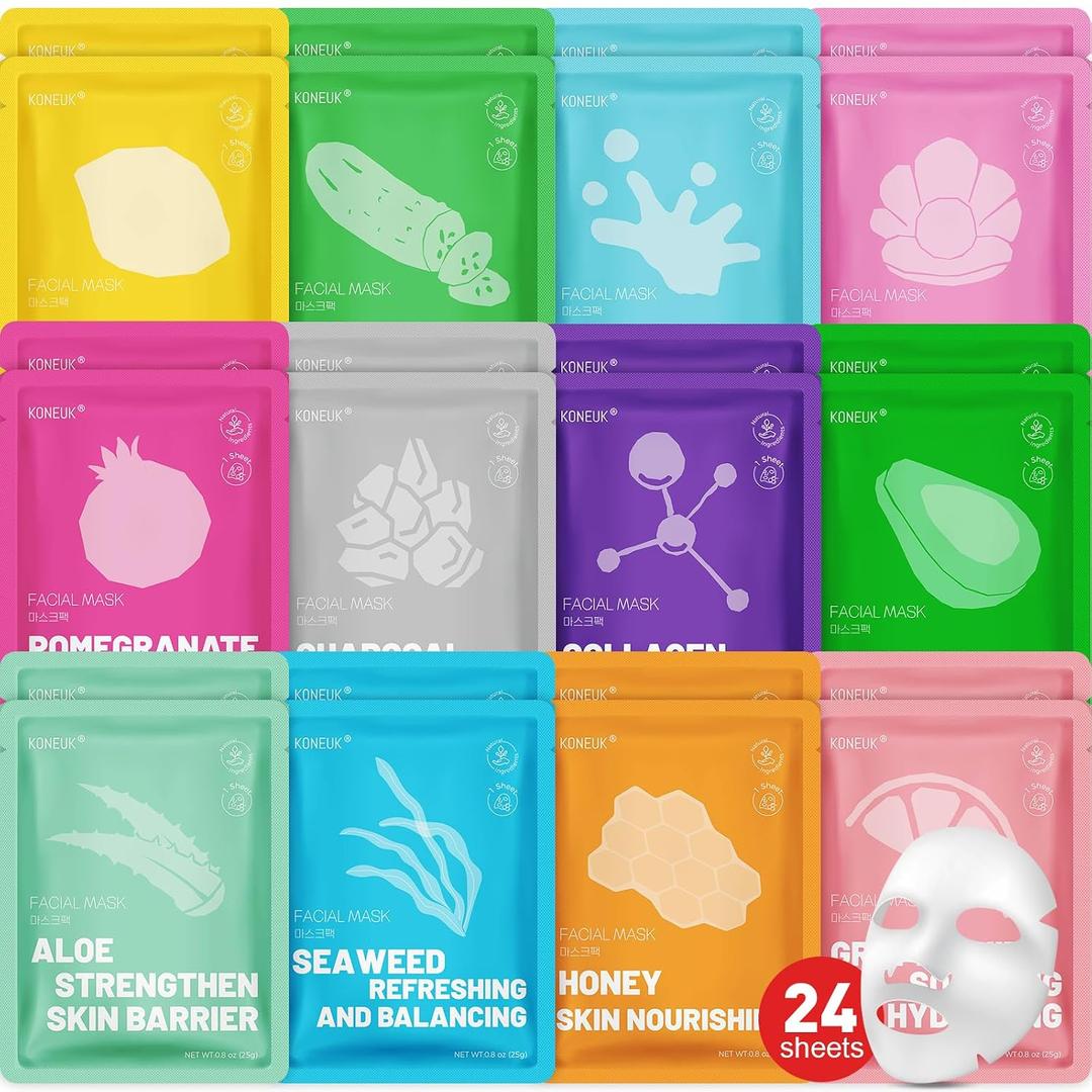 KONEUK 24 Pack Sheet Hydrating Face Masks Skincare, Soothing & Moisturizing Face Mask for All Skin Types, Bulk Collagen Face Mask for Women Skin Care, Facial Masks Set Spa Gifts for Women