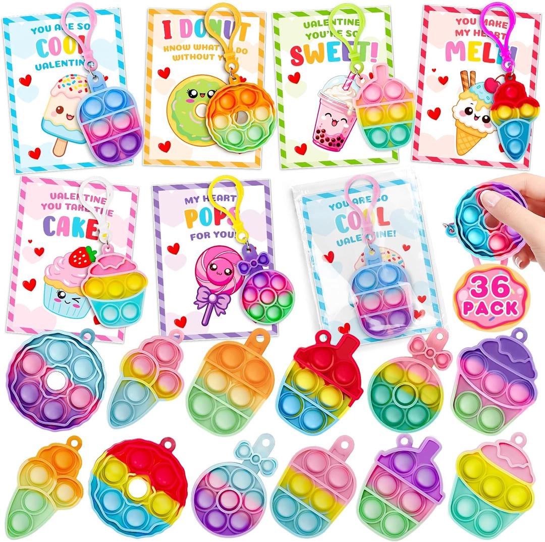 Jumlys Valentines Day Cards for Kids School, 36 Pack Dessert Pop Fidget Keychains Bulk, Valentine Day Party Favors for Boys Girls, Ideal Exchange Cards for Classroom