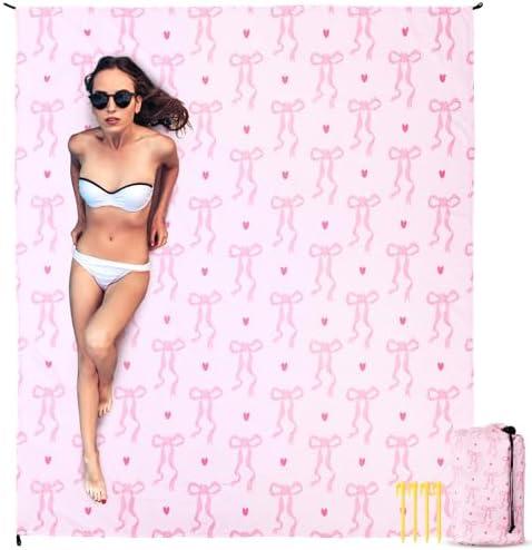 Breling Pink Bow Beach Blanket 79"x 83" for 4-7 Adults Oversized Lightweight Waterproof Sandproof Blanket with 4 Stakes and 4 Pockets Vacation Essentials Suitable for Beach Picnic Mat Camping Hiking