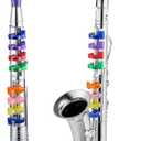 Amylove Set of 2 Toy Saxophone and Clarinet for Kids Toddlers Plastic Instruments Fake Music Toy Portable Early Educational Toys Teaching Songs Musical Gifts(Silver)