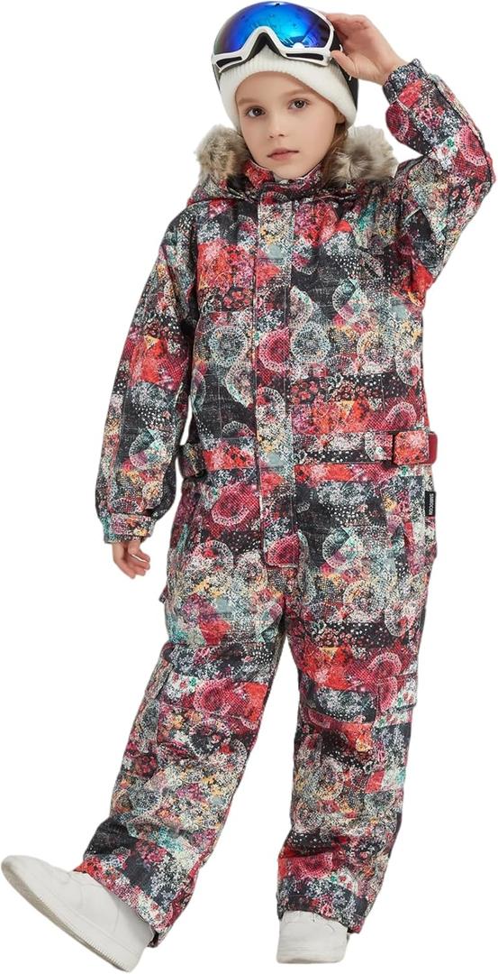 SNBOCON Kids Waterproof Colorful One Piece Coveralls Ski Suits Snowsuits Winter Jumpsuits Snowboarding (140cm, Flowers)