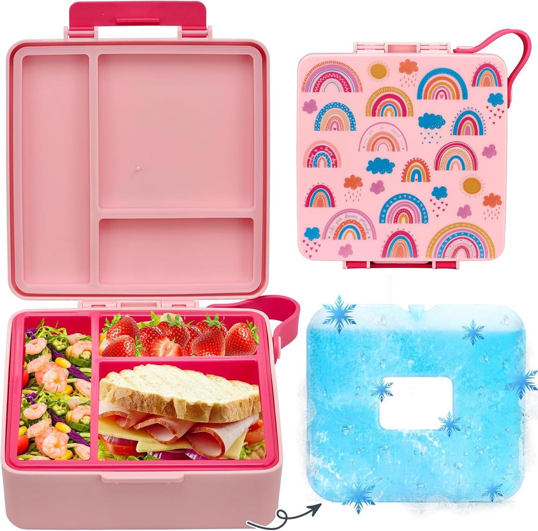 Chill Bento Lunch Box, Bento Box with Ice Pack, Leak Proof 9-Compartment Lunch Container, Ice Pack Detachable Lunch Box BPA Free, Microwave & Dishwasher Safe (Light Pink Rainbow)