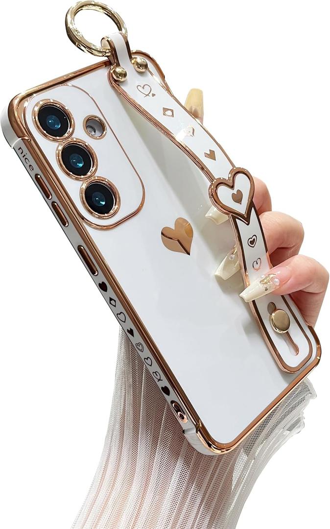 DEFBSC Compatible with Samsung Galaxy A17 5G Case, Electroplated Edge Love Heart Case with Wrist Strap, Full Camera Protection Raised Reinforced Corners Shockproof Soft TPU Cover, White
