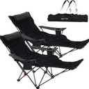 Portable Reclining Camping/Lounge Chair for Outdoor (2, Black) | Soft Cushion, 4-Position Backrest, Removable Footrest, Cup Holder & Versatile Carry Bag