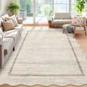 GarveeHome Scalloped Washable Rug 4x6, Beige Boho Living Room Area Rug, Bordered Non-Slip Farmhouse Bedroom Carpet Dorm Room Throw Rug, Low Pile Soft Accent Mat for Kitchen Entry Office 4'x6' Beige