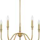 5 Light Farmhouse Brass Chandelier Light Fixture, Modern Pendant Lighting for Kitchen, Dining & Living Room, Brushed Gold Finished