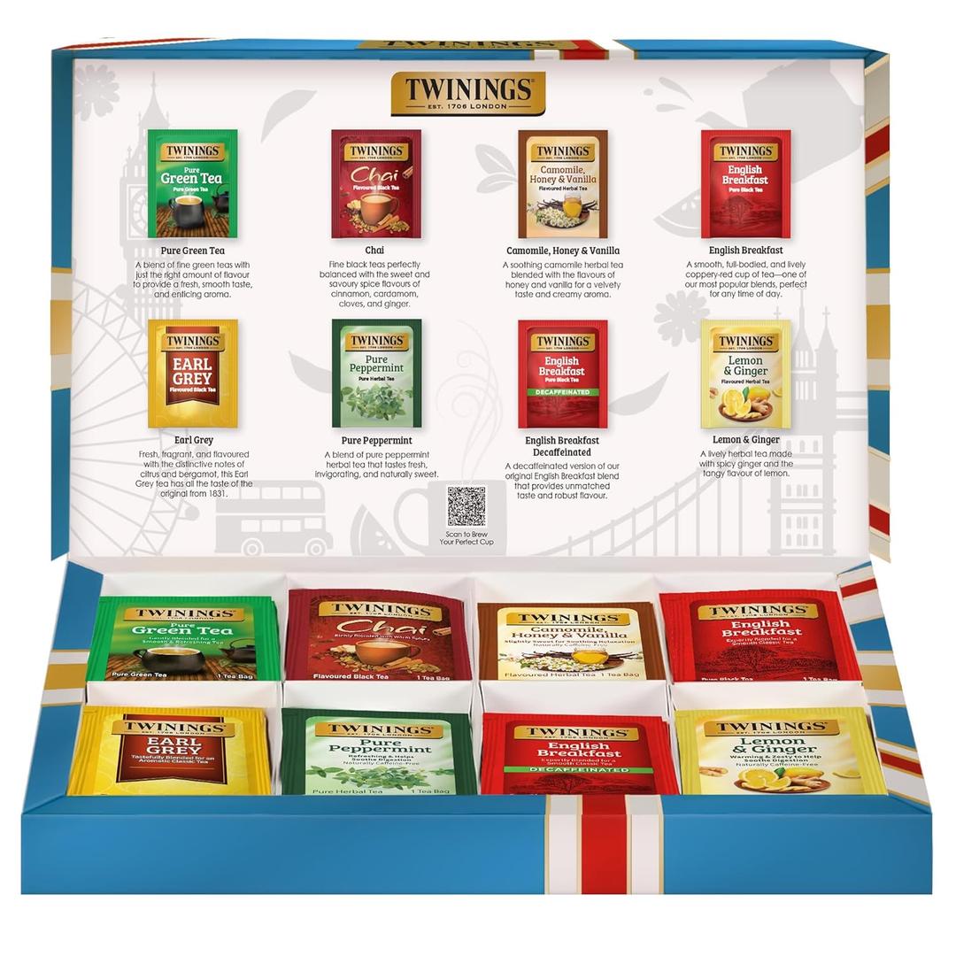 Twinings Tea Classics Collection Gift Box Variety Sampler, 48 Tea Bags (Pack of 1), Enjoy Hot or Iced | Includes Black, Herbal, Green, & Chai Teas (EXP 10/26/28)