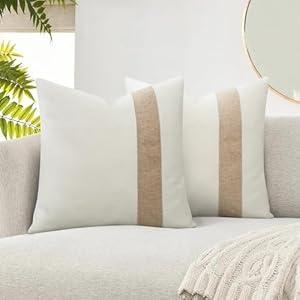 CURRAMET Farmhouse Decorative Throw Pillow Covers 18x18 Set of 2, Boho Modern Accent Square Pillow Covers Beige and Khaki Striped Patchwork Linen Cushion Cover for Couch Sofa Chair Bedroom Home CURRAMET Farmhouse Decorative Throw Pillow Covers 18x18 Set of 2, Boho Modern Accent Square Pillow Covers Beige and Khaki Striped Patchwork Linen Cushion Cover for Couch Sofa Chair Bedroom Home