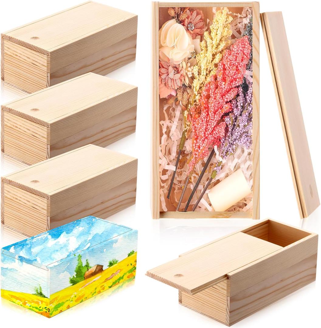 Suzile 6 Pcs Unfinished Wood Boxes with Slide Lid, 7.87 x 3.94 x 3.15 Inches Rectangle Wooden Small Gift Box for Craft DIY Jewelry Bead Organizer(Wood Color)