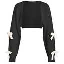 SHENHE Women's Open Front Ribbed Knit Bow Cute Cropped Cardigan Bolero Sweater Shrug Black and White Medium