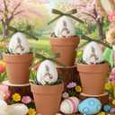 CHENGU 4 Pcs Easter Eggs Bunny Potted Table Decorations Vintage Rustic Easter Eggs Table Centerpieces with Rabbit Sticker Grass Pots Green Ribbons for Home Farmhouse Spring Party Gifts