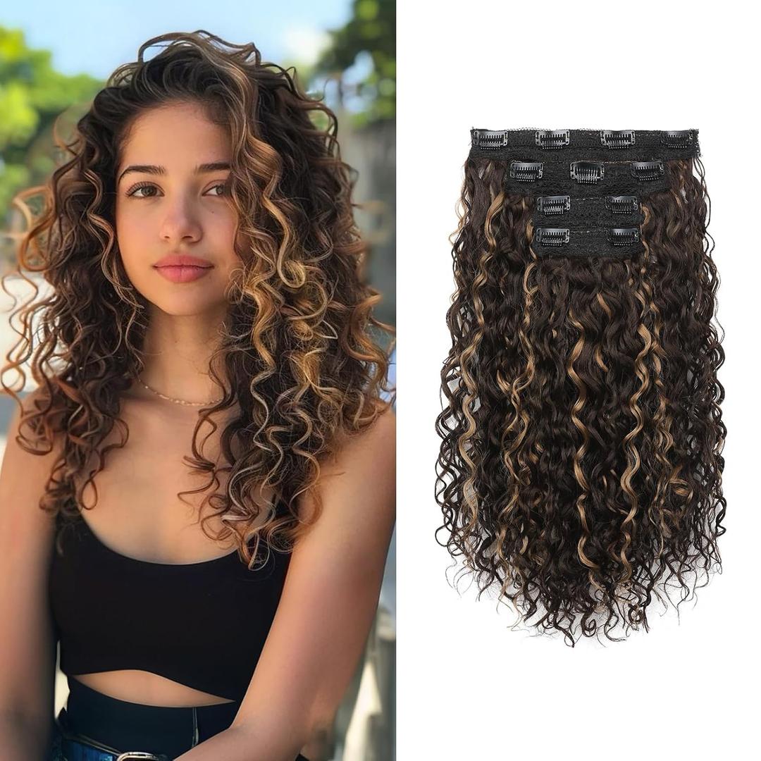 Flufymooz 4PC Clip in Hair Extensions, 14 Inch 100 Pure Protein Silk Short Hairpiece Deep Curly Wavy Hair Extensions Clip in Natural Soft Hairpiece for Women-Brown with Deep Blonde Highlights