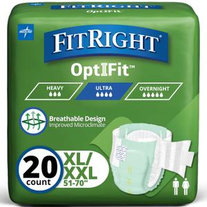 FitRight Stretch Ultra Adult Briefs, Incontinence Diapers with Tabs, Heavy Absorbency, XL/2XL, 51 to 70", 20 Count