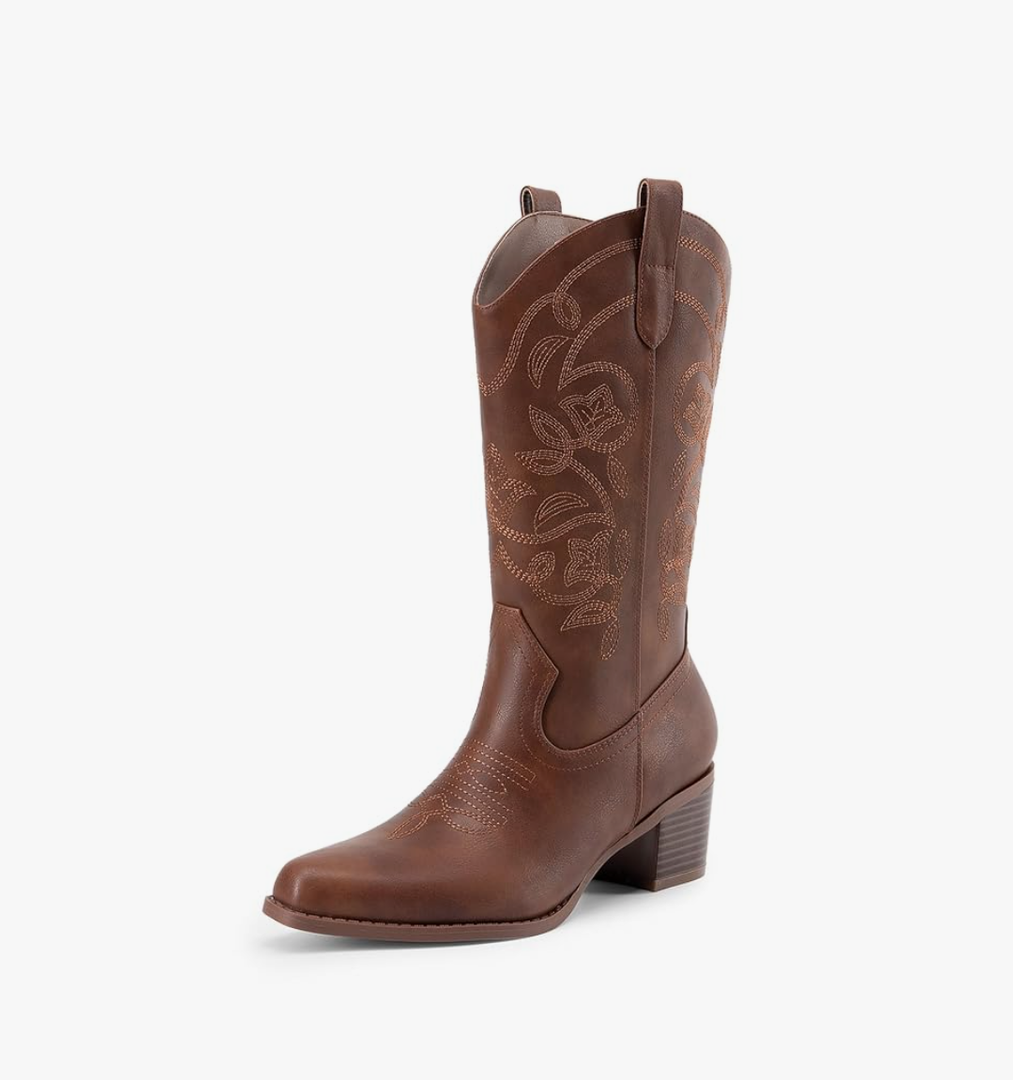 DREAM PAIRS Cowboy Boots for Women Cowgirl Western Boots Fashion Embroidery Stitched Chunky Heel Mid Calf Boots, 8.5