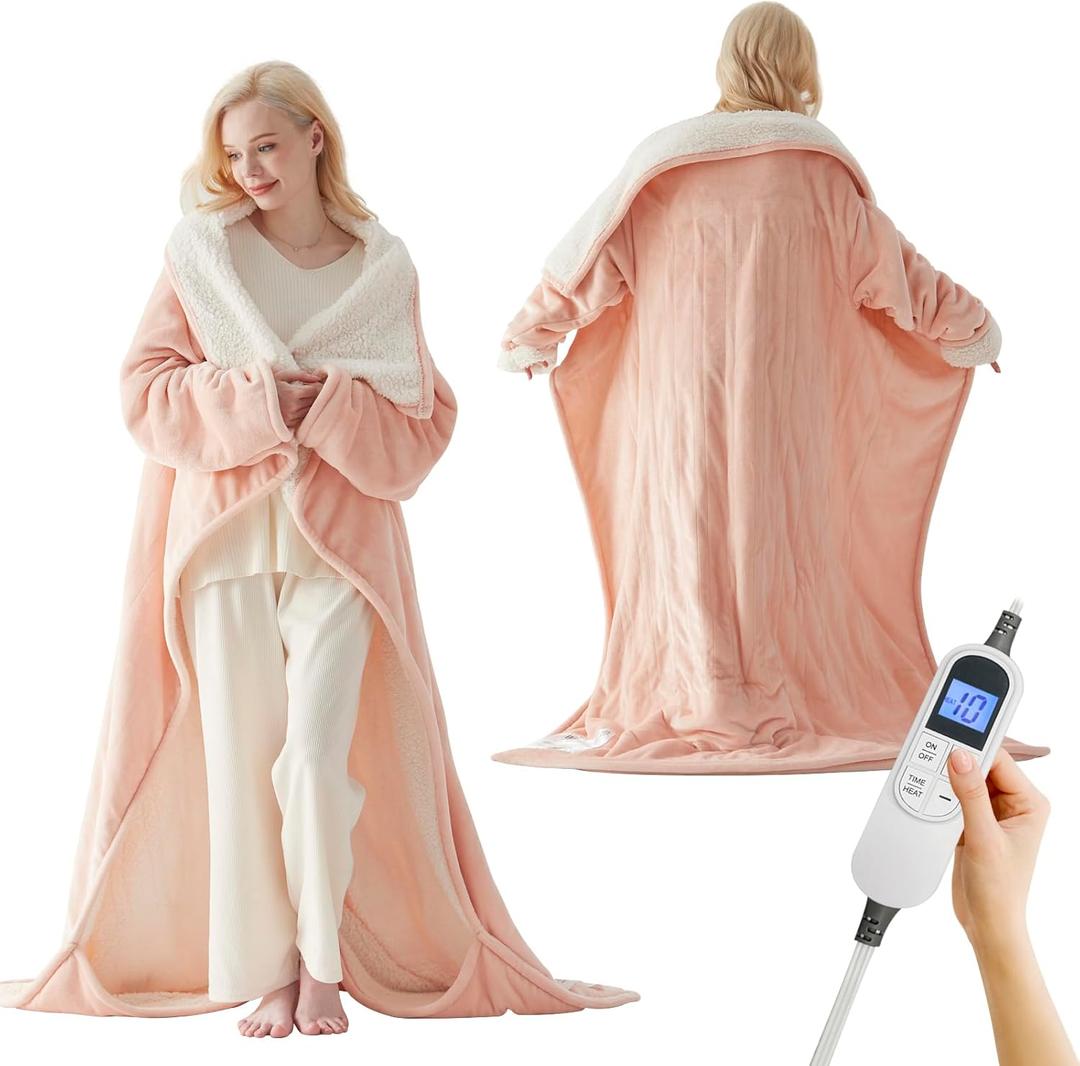 Electric Blanket Wearable with Foot Pockets & Sleeves, Electric Heated Snuggle Blanket, Flannel & Sherpa Heating Throw with 10 Heat Settings, 1-12 Hours Auto Shut-Off, 50"70", Pink