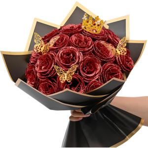 Waipfaru 24 Pcs Glitter Roses Bouquet, DIY Fake Flowers Bouquet, Artificial Red Rose Bouquet for Valentines, Anniversary, Engagement, Wedding