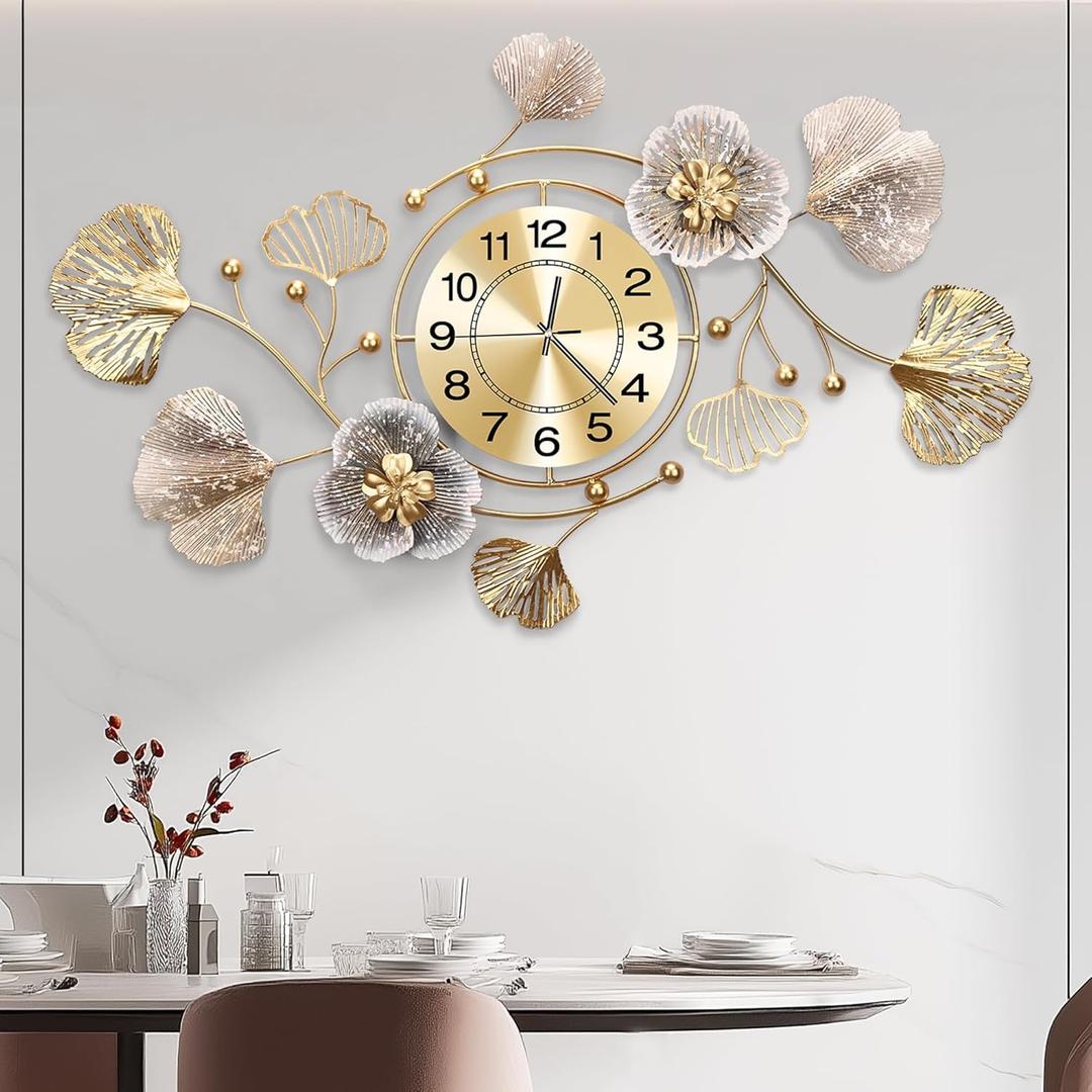 Clocks for Living Room, Large Wall Clock, 3D Silent Wall Clock, Retro Metal Ginkgo Leaf Design, for Bedroom Kitchen Decorative Wall Clocks, 59''x35''