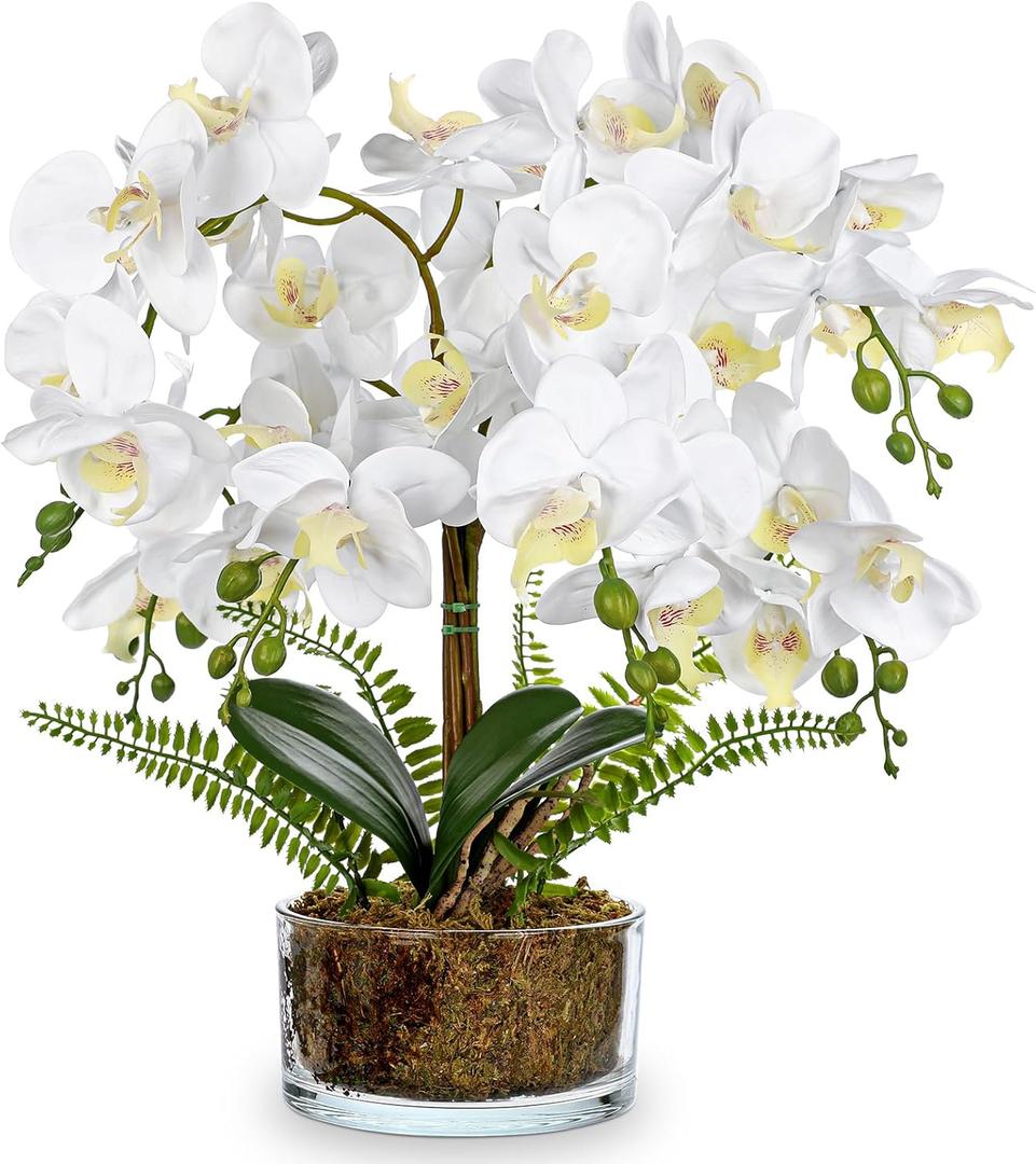 White Orchids Artificial Flowers 16.5" Faux Orchids Plant in Pot Fake Flower Arrangements with Glass Vases White Centerpieces for Kitchen Dining Room Tables Bathroom Nightstand Shelf Desk Decor, White Orchid & Moss