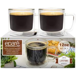 12 oz Glass Coffee Mugs - Set of 2 - Clear Double Wall Glasses - Insulated Glassware With Handle - Large Espresso Latte Cappuccino or Tea Cup by Epar