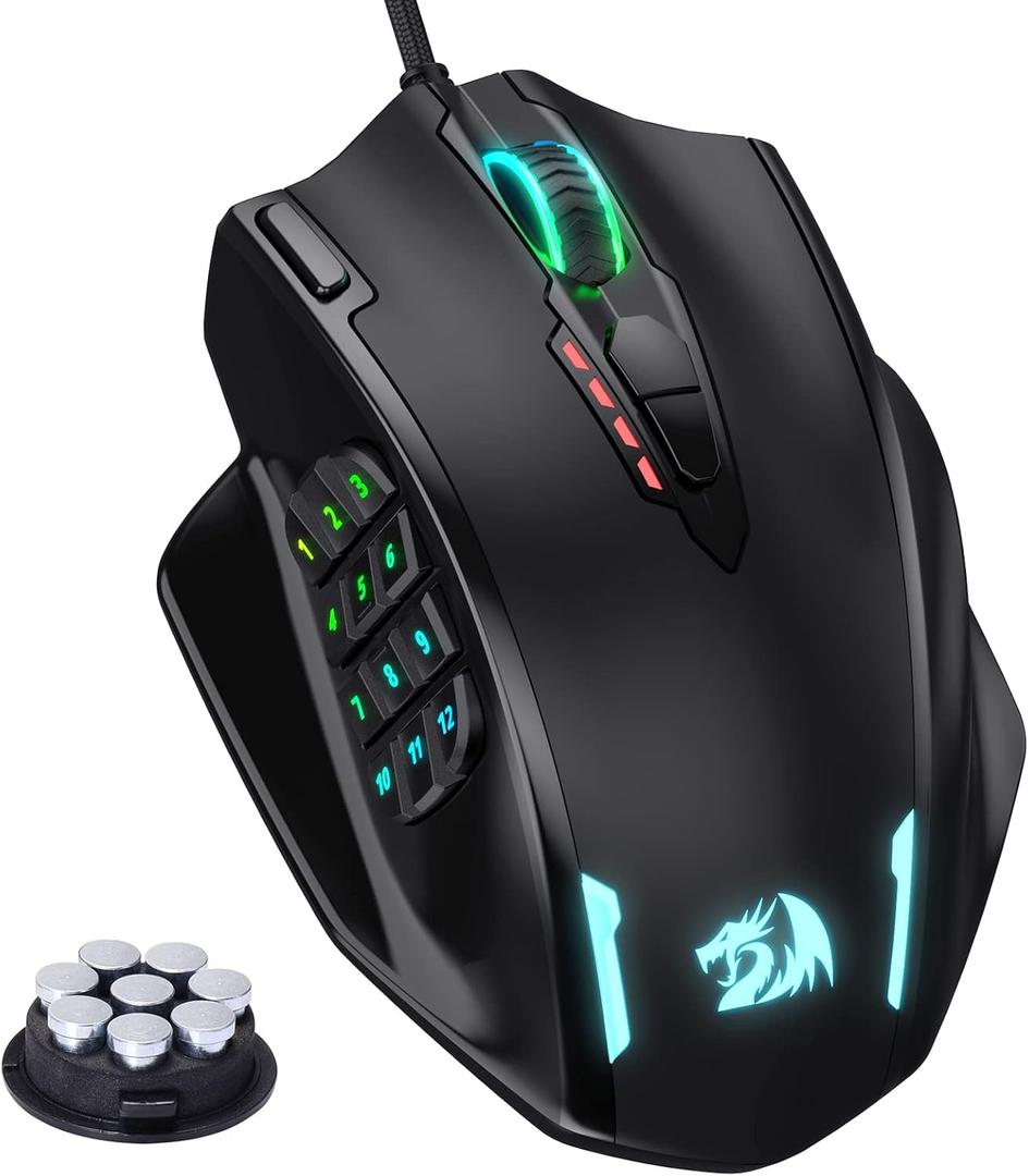 Redragon M908 Impact RGB LED MMO Gaming Mouse with 12 Side Buttons, Optical Wired Ergonomic Mouse with Max 12,400DPI, High Precision, 18 Programmable Macro Shortcuts, Comfort Grip (Black)
