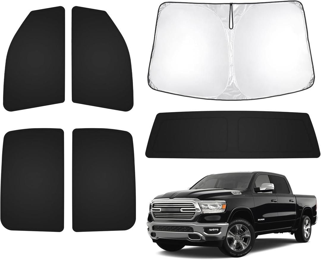 T TGBROS Window Shades for Dodge Ram 1500 Crew Cab 2019-2025 2026 Windshield Side Rear Window Full Set Blackout Shades for Ram 1500 Crew Cab Accessories Foldable Privacy Window Cover 6PCS