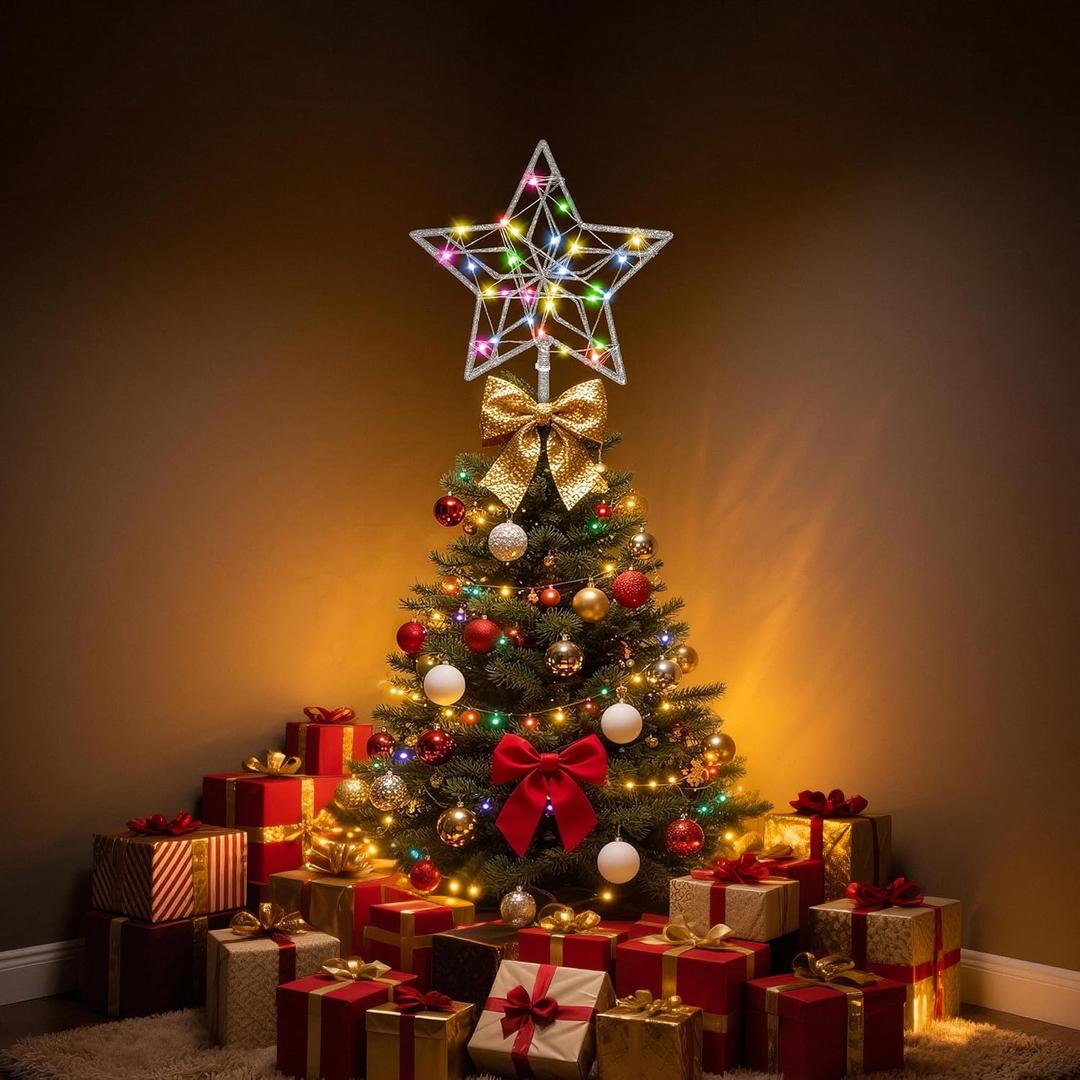 Christmas Tree Topper,50 LED Lighted Sparkling Star Tree Toppers Christmas Decorations,8 Lighting Modes Silver Star Xmas Decoration With Remote Control And Extra Battery Box,Glitter Christmas Ornament