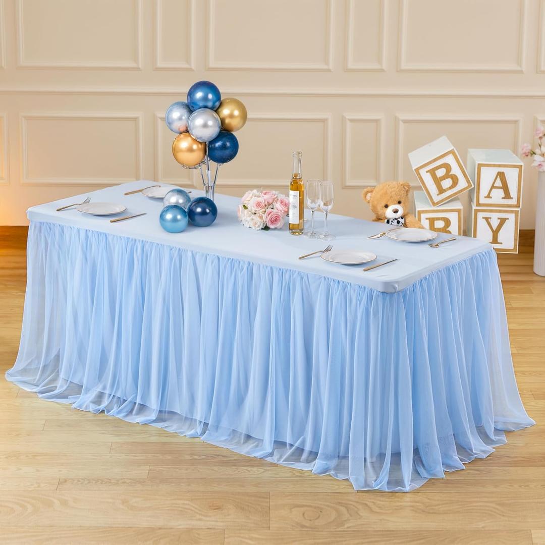 Baby Blue Tulle Tablecloths for Rectangle Tables Light Blue Table Cloths Rectangle Wrinkle Free Stretch 6 Foot Table Cover with Tutu Skirt for Baby Shower Boy Birthday Party Banquet Buffet Cake, 4 Pack