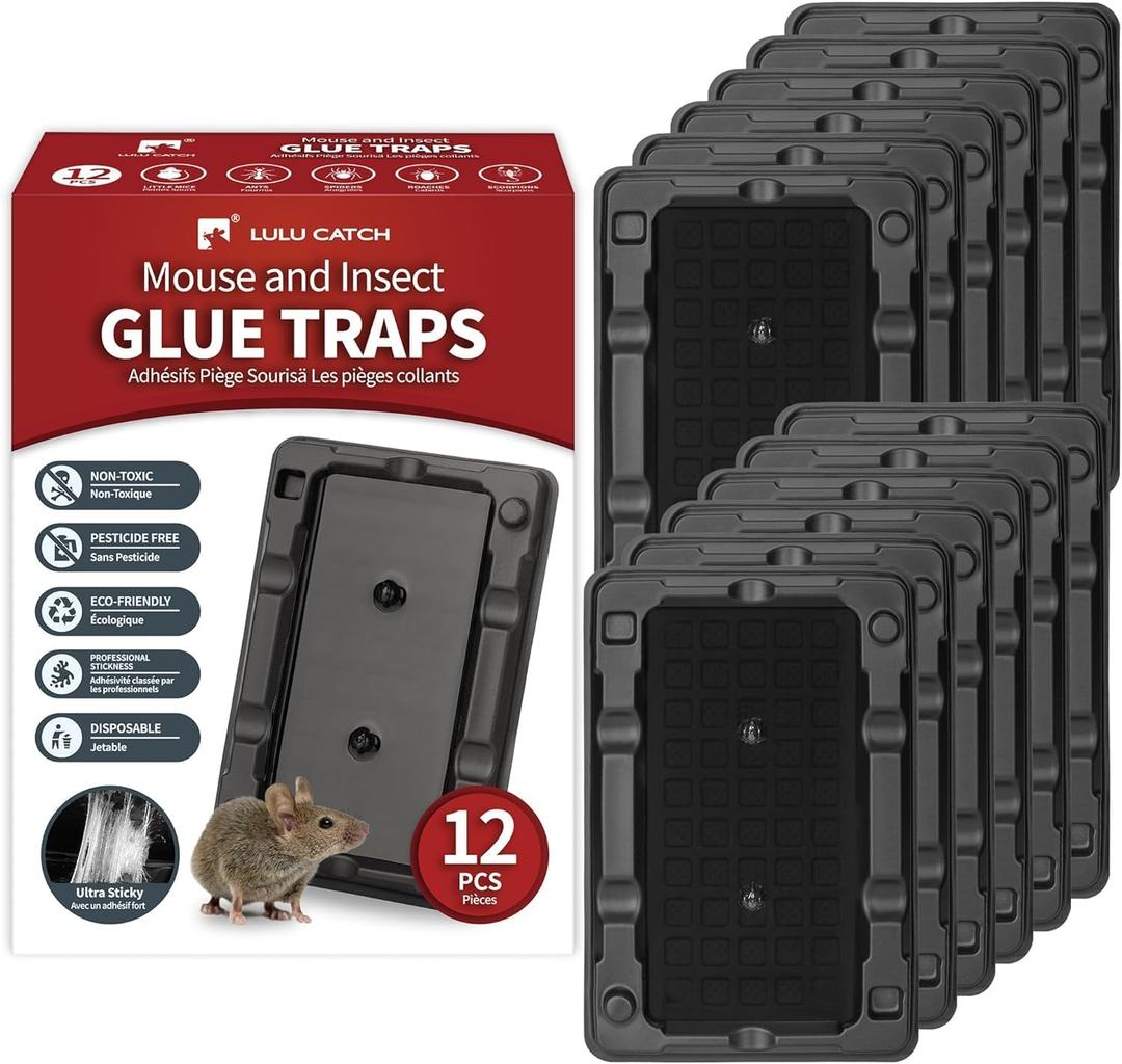 LULUCATCH Mouse & Insect Traps 12 Pack, Heavier Sticky Traps with Non-Toxic Glue for Small Mice & Insects. Sticky Mouse Traps Indoor for Home, Easy to Set
