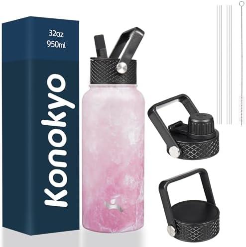 Konokyo 40 oz Insulated Water Bottle Stainless Steel Sport Bottles with 3 Lids, Marble Blossom