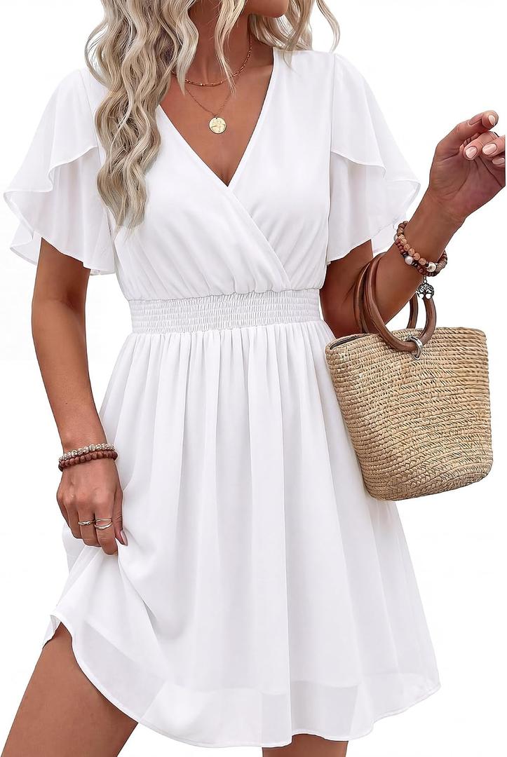 Womens Summer Ruffle Short Sleeve Dress V Neck Flowy Chiffon Layers Boho Dresses (White, XXL)