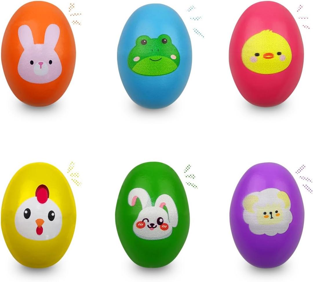 OCBTOW 6 Pack Easter Wooden Shake Eggs Percussion Musical Easter Eggs Shakers for Toddlers Kids Girls Boys Easter Basket Stuffers Fillers Gifts