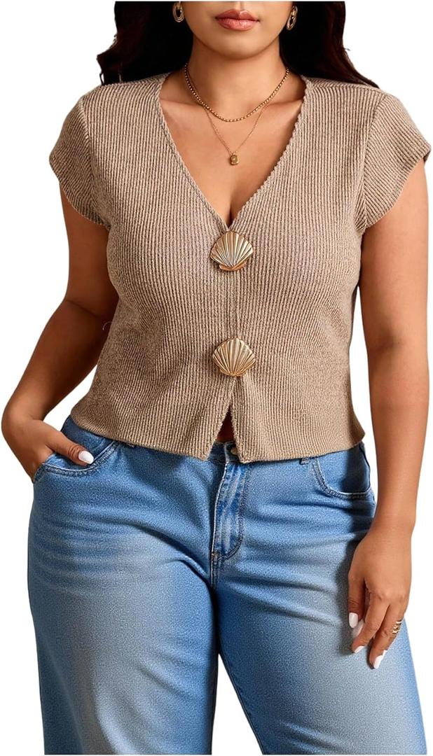 SOLY HUX Women's Plus Size Ribbed T Shirts V Neck Cap Sleeve Metal Button Knit Tee Going Out Tops (Pure Khaki), 
3X-Large Plus