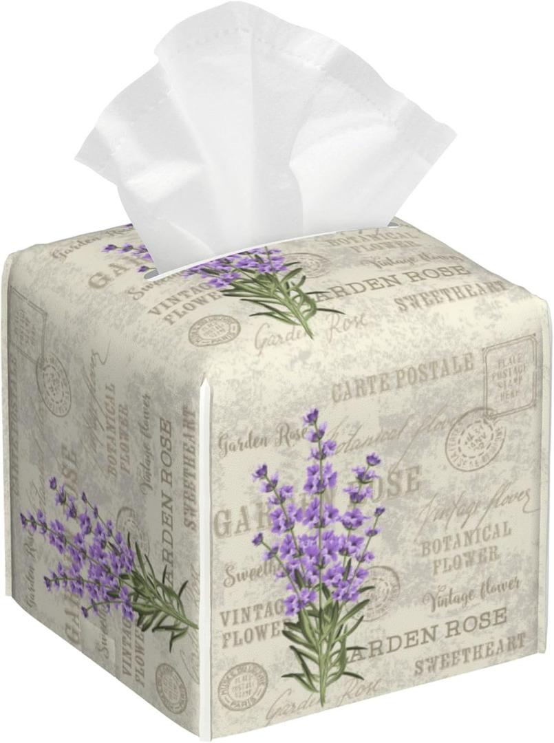 Leather Tissue Box Holder Lavender Flowers Tissue Box Cover Square Waterproof Tissue Holder Organizer Modern Napkin Holder for Bedroom Dresser Night Stand Office Desk
