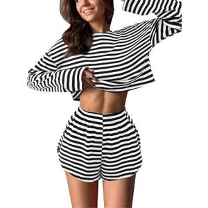 Remidoo Women's Split Short Pajama Set Striped Long Sleeve T Shirt and Shorts Pajamas Loungewear Black X-Large