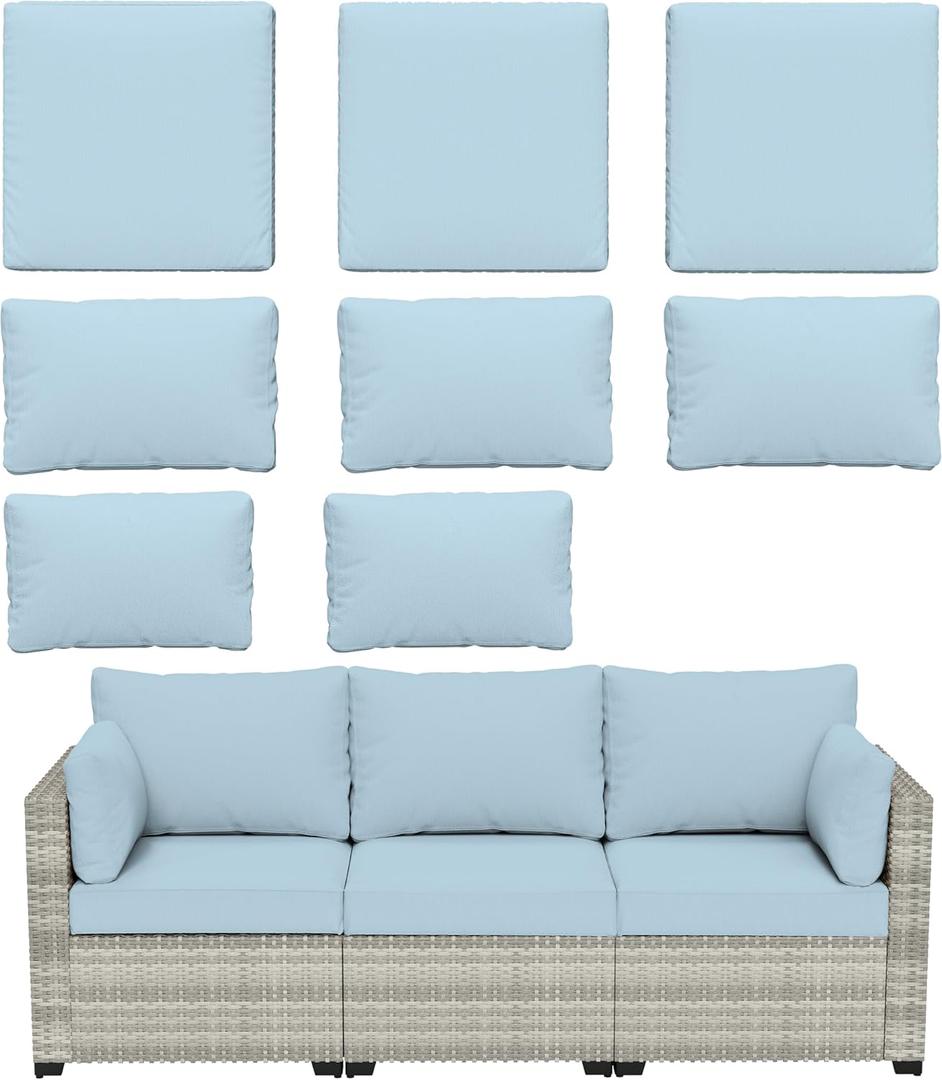 8 pcs Outdoor Cushion Slipcovers Outdoor Patio Cushions Covers Replacement Waterproof with Zipper w/3 Seat Cushion Covers and 5 Backrest Pillow Covers, Covers Only (Sky Blue)
