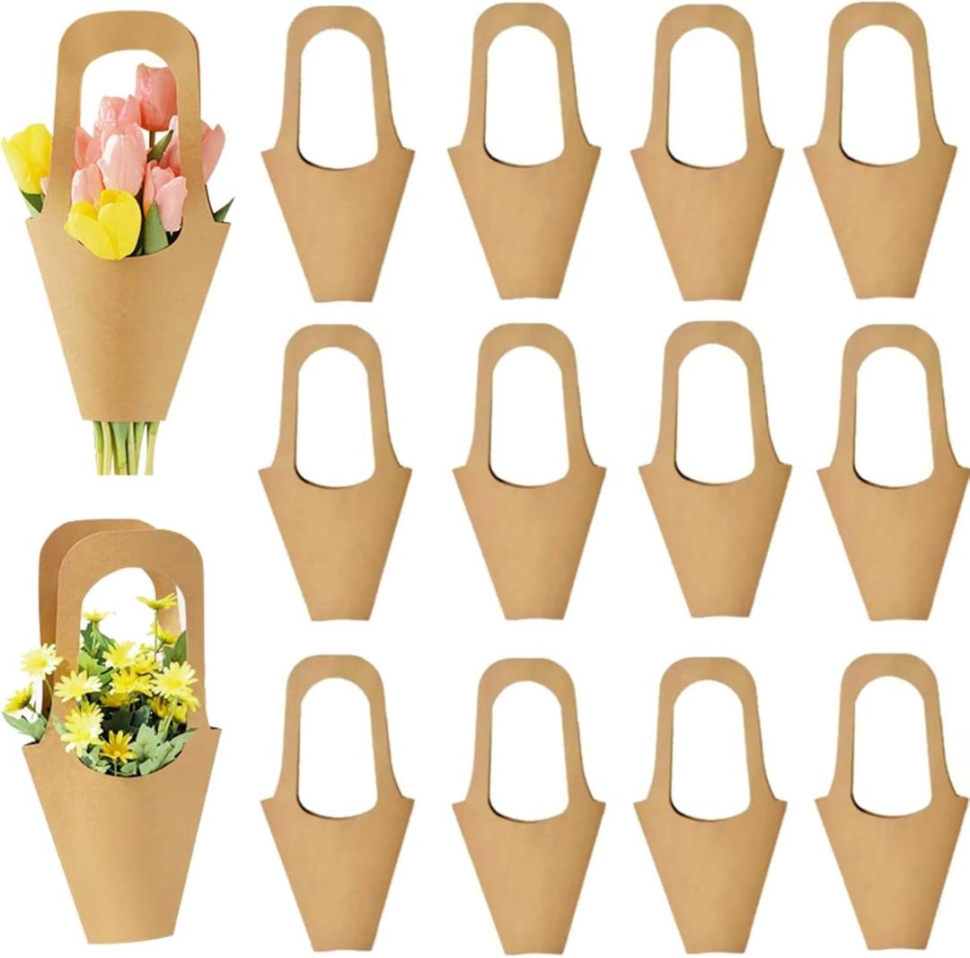 Enorteen 30 Pcs Kraft Paper Flower Wrapping Paper Gift Bags with Handle - Bouquet Gift Bags for Thanksgiving, Birthday, Wedding & Party Favors