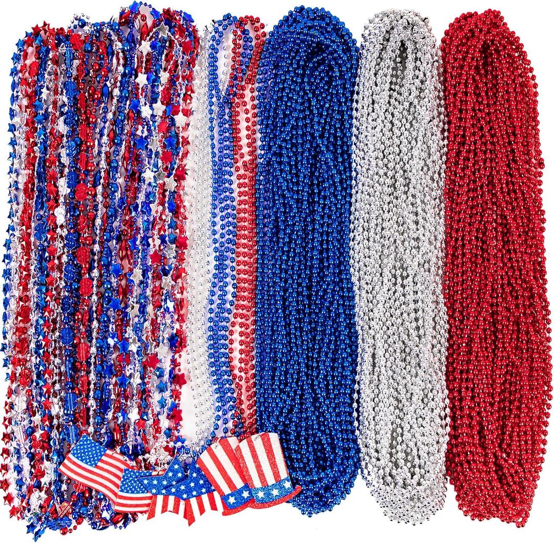 72PCS 4th of July Accessories Necklaces: Blue White and Red Beads Bulk, Patriotic Party Independence Memorial Day Favors Toys Decorations