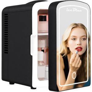 Iceblue Mini Fridge, Skincare Fridge with Dimmable LED Light Mirror, 4 Liter /6 Cans Small Refrigerator for Beauty & Beverages,Mini Fridge for Bedroom, Car, Office & Dorm, Gift (Black)